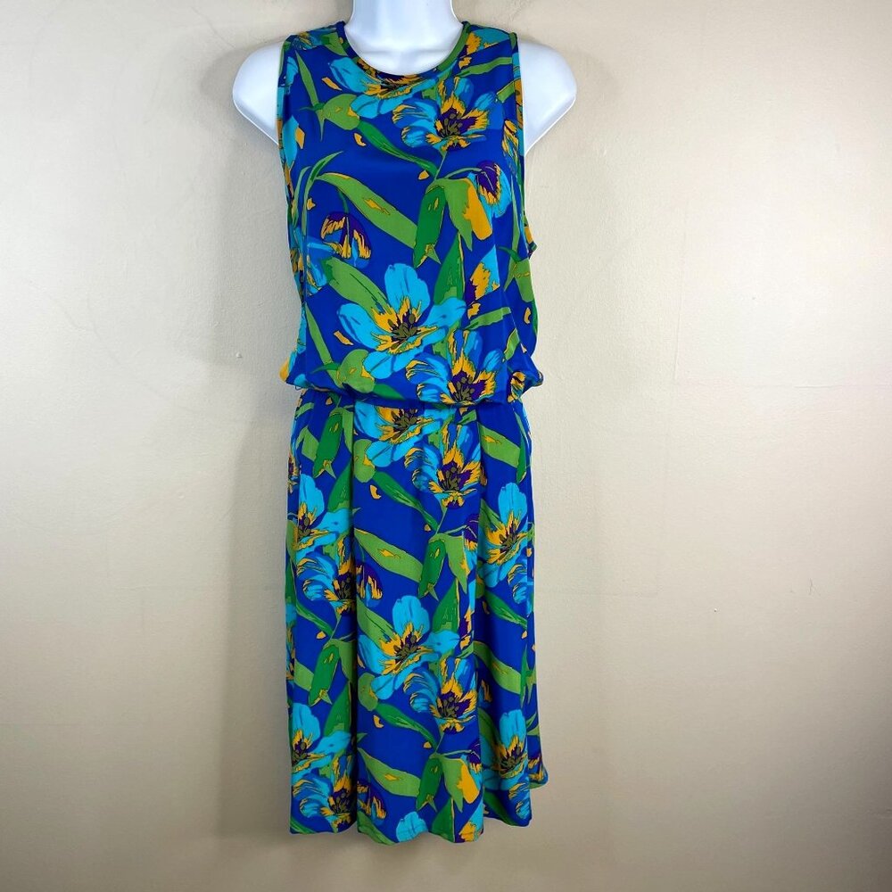 Vintage 80s Silks by St Gillian SILK Dress Sz 12 Blue Green RETRO FLORAL Sleeve